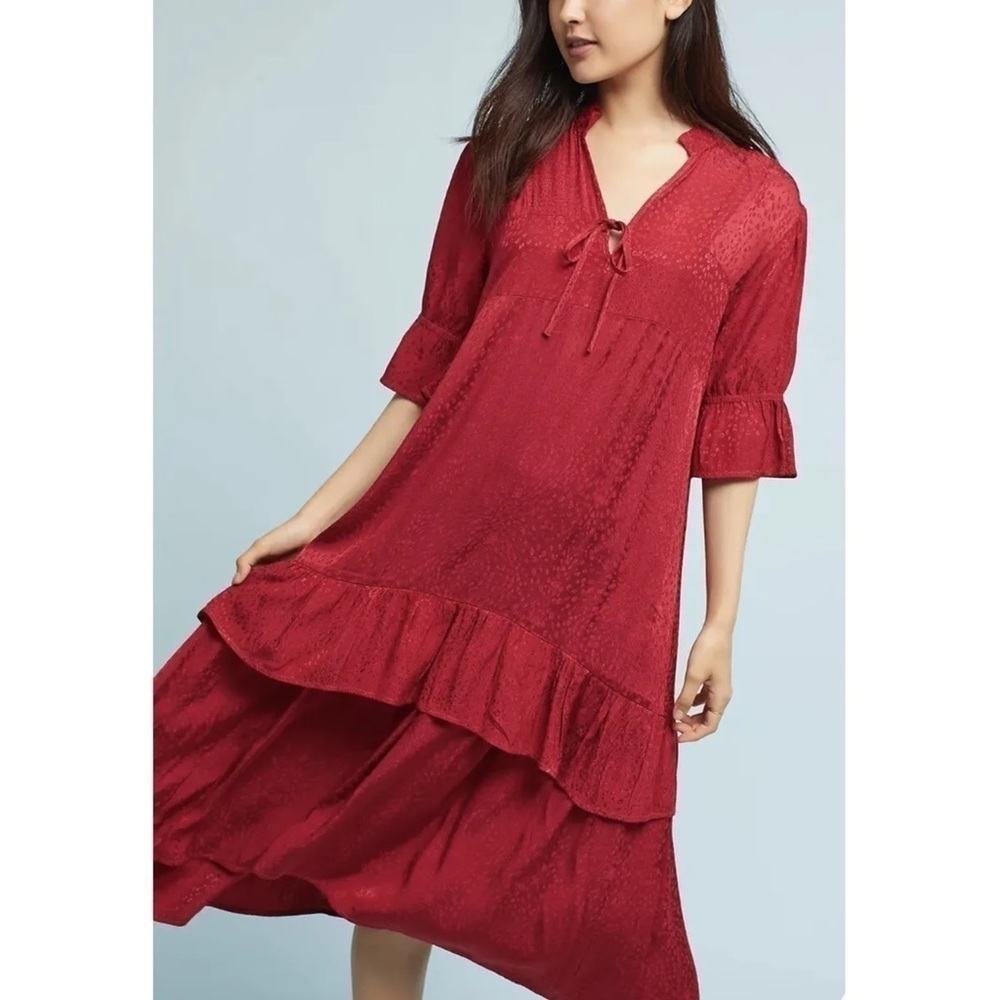 LACAUSA Raspberry Red Silky Tiered Jacquard Ruffled Midi Dress Sz XS
